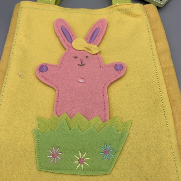 Large Yellow Embroidered Felt Easter Bunny Bag Tote and Happy Easter Wooden Tag - Picture 3 of 9